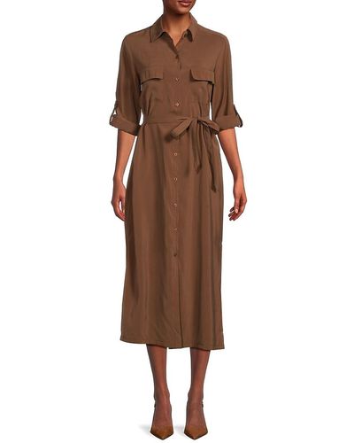 Max Studio Tab Cuff Belted Midi Shirt Dress - Brown