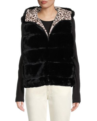 Adrienne Landau 'Leopard Print Faux Fur Reversible Hooded Vest - Black