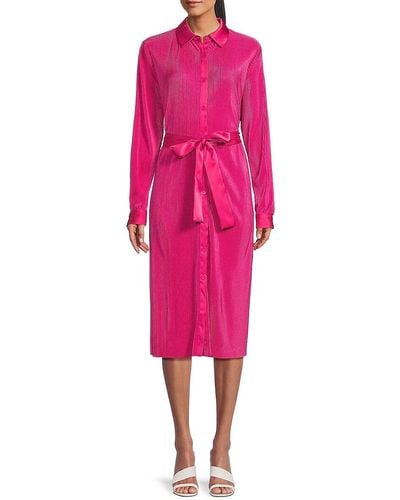 Saks Fifth Avenue Plisse Belted Midi Shirtdress - Pink