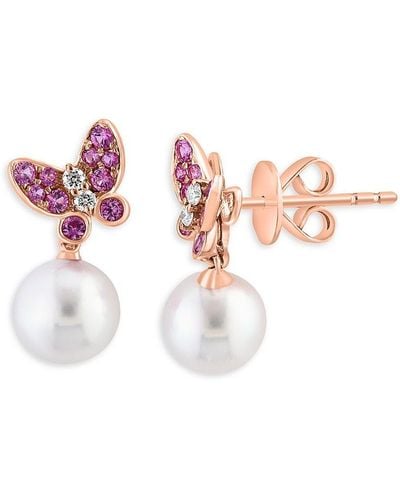Effy 14K Rose, 6.5Mm Akoya Pearl, & Diamond Butterfly Stud Earrings - Pink