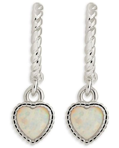 Sterling Forever Meredith Rhodium Plated & Created Opal Heart Drop Hoop Earrings - White