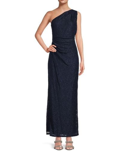 Marina Metallic Ruched One Shoulder Gown - Blue
