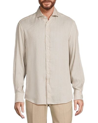 Brunello Cucinelli Slim Fit Linen Blend Striped Shirt - White