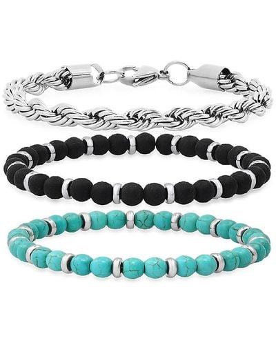 Anthony Jacobs Set Of 3 Stainless Steel Rope Chain, Turquoise & Agate Bracelet Set - Multicolor