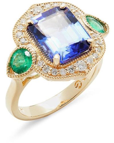 Effy 14k Yellow Gold, Emerald, Tanzanite & Diamond Cocktail Ring - Blue