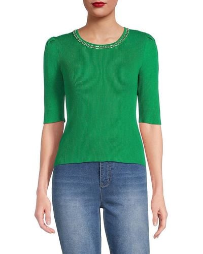 Nanette Lepore Jewelneck Ribbed Sweater - Green