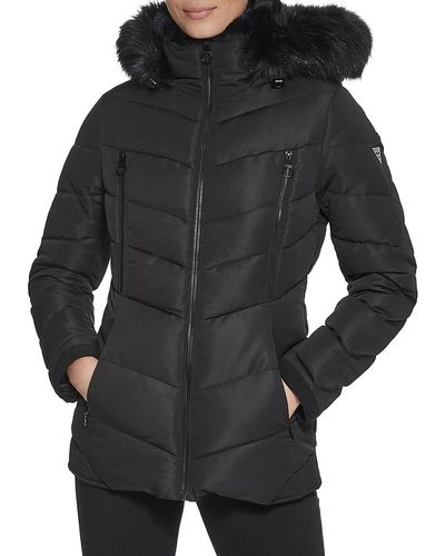 Guess Faux Fur Lined Hooded Puffer Jacket - Black