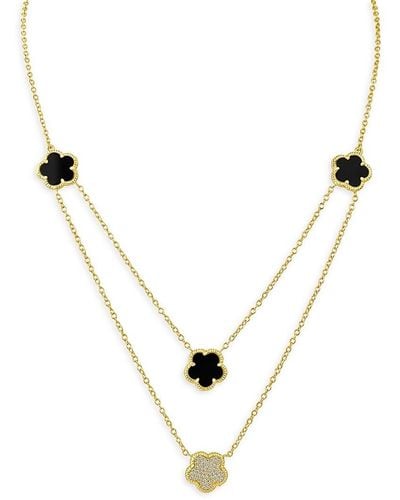CZ by Kenneth Jay Lane Look Of Real 14k Goldplated, Mother Of Pearl & Faux Onyx Layered Clover Necklace - Metallic