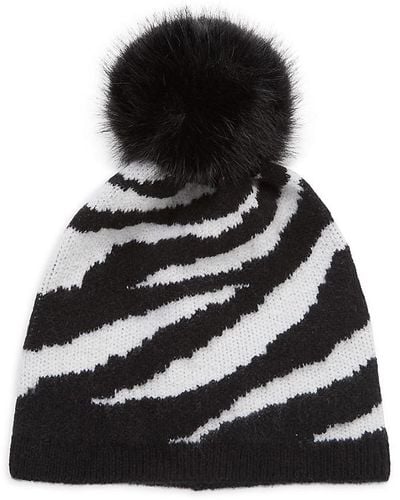 Saks Fifth Avenue Zebra Pattern Faux Fur Trim Cashmere Beanie - Black