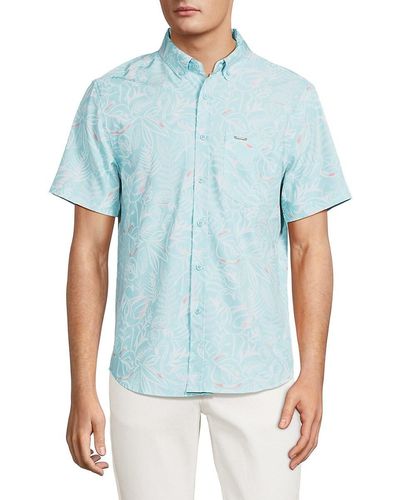 Vintage Summer Tropical Print Short Sleeve Shirt - Blue