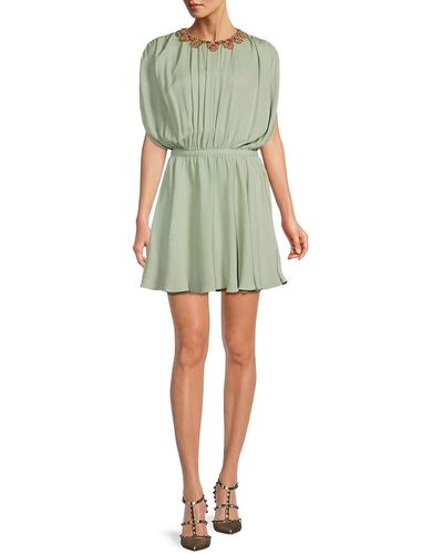 Valentino Floral Embroidered Pleated Silk Mini Dress - Green