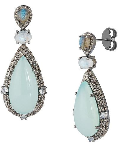 Banji Jewelry Rhodium Plated Sterling, Aqua Calcedony, Moonstone & Diamond Drop Earrings - Blue