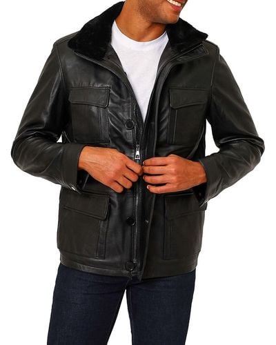 VELLAPAIS Colmar Faux Fur Trim Leather Jacket - Black