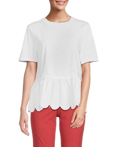 English Factory Solid-Hued Poplin Scallop Detail Top - White