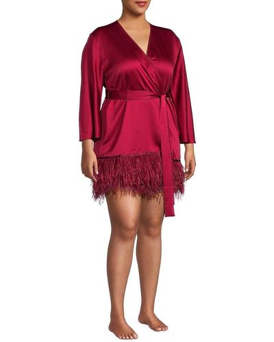 Rya Collection Plus Fringed Hem Belted Satin Robe - Red