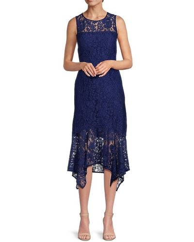 Kensie Asymmetric Lace Sheath Dress - Blue