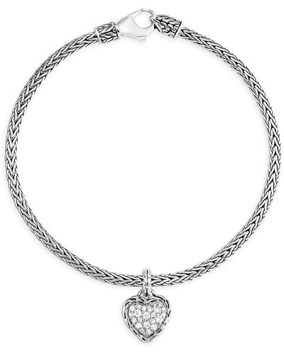 John Hardy Classic Chain Silver & White Diamond Heart Braided Bangle Bracelet