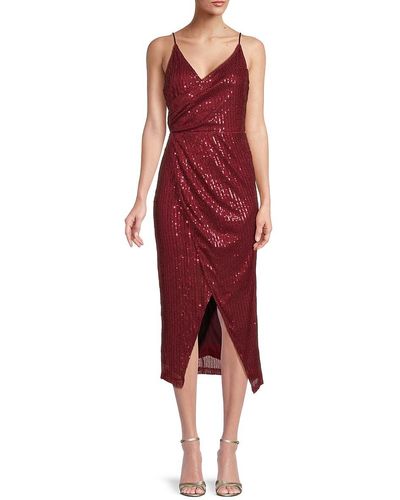 AREA STARS Faux Wrap Sequin Midi Dress - Red