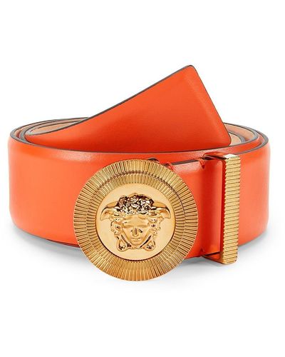 Versace Round Medusa Buckle Leather Belt - Orange