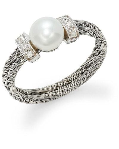 Alor 18K, Stainless Steel, 2Mm Freshwater Pearl & Diamond Cable Ring - Metallic