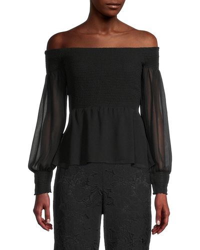 Donna Karan Georgette Smocked Off Shoulder Top - Black