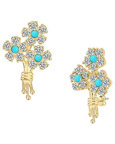 Gabi Rielle Outshine 14k Yellow Vermeil, Crystal & Turquiose Flower Stud Earrings - Blue