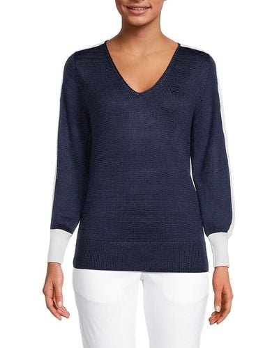 Tahari V Neck Stripe Sweater - Blue