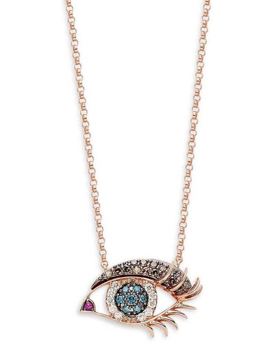 Effy 14k Rose Gold White, Black & Blue Diamond & Ruby Eye Pendant Necklace