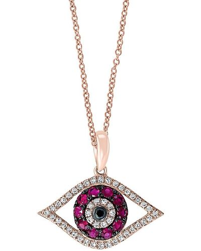 Effy 14k Rose Gold Pink Ruby, Black & White Diamond Evil Eye Pendant Necklace