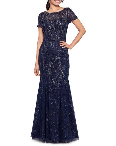 Xscape Sheer Illusion Beaded Sequin Mermaid Gown - Blue