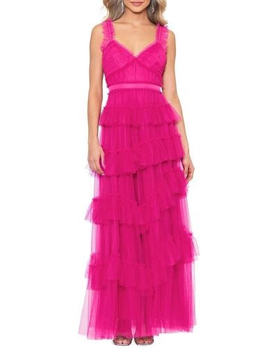 Betsy & Adam Ruffled Tiered Mesh Gown - Pink