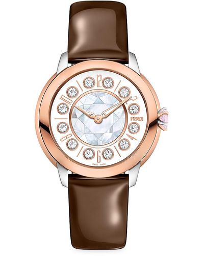Fendi Ishine 38mm Two Tone 18k Rose Goldplated & Stainless Steel, Topaz, Black Spinel, Mother Of Pearl Leather Strap Watch - White
