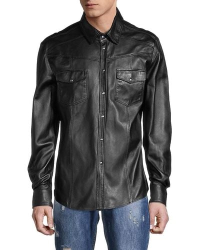 Ron Tomson Snap Front Leather Shirt - Black