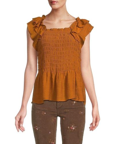 Nanette Lepore Smocked Flutter Sleeve Top - Brown