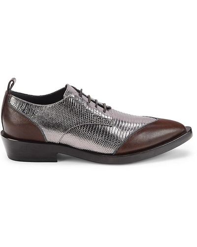 Brunello Cucinelli Metallic Iguana Embossed Leather Derby Shoes - Brown