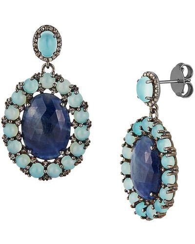 Banji Jewelry Rhodium Plated Sterling, Sapphire, Aqua Chalcedony & Diamond Drop Earrings - Blue