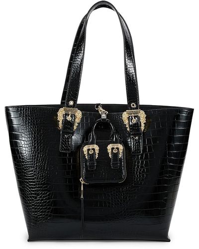 Versace Croc Embossed Faux Leather Tote - Black