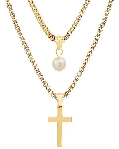 Anthony Jacobs Stainless Steel Cross & Pearl Pendant Layered Necklace - Metallic