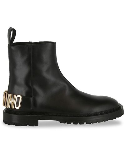Moschino Maxi Lettering Group Logo Leather Booties - Black