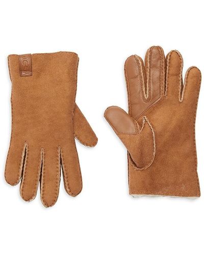 UGG Whipstitch Shearling Lined Suede Gloves - Brown