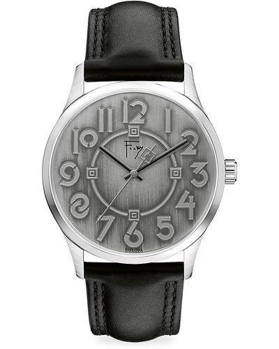 Bulova 40mm Stainless Steel & Leather Strap Watch - Grey