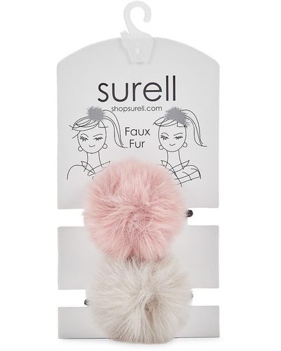 Surell 2-piece Faux Fur Pom Pom Hair Tie Set - White