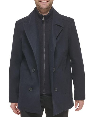 Kenneth Cole Double Breasted Bib Peacoat - Blue