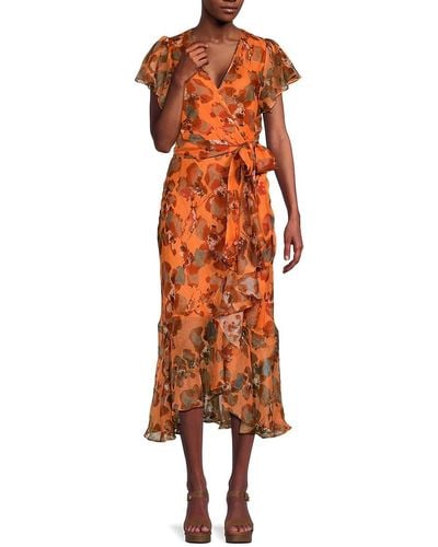 Tanya Taylor Blaire Floral Linen & Slik Midi Dress - Orange