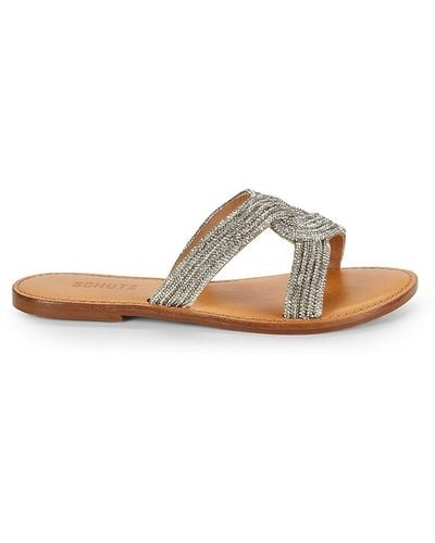 SCHUTZ SHOES Rita Embellished Leather Flat Sandals - White