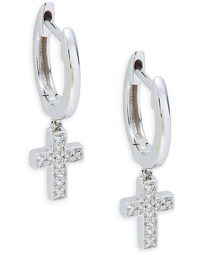 Saks Fifth Avenue Saks Fifth Avenue 14k White Gold & 0.04 Tcw Diamond Cross Huggie Hoop Earrings