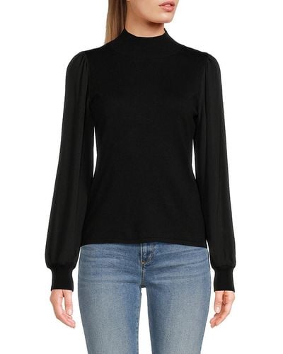 Saks Fifth Avenue Sheer Blouson Sleeve Mockneck Sweater - Black