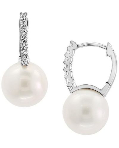 Effy 14k White Gold, 9.5mm White Pearl & Diamond Drop Earrings