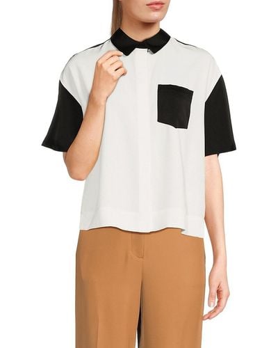 DKNY Colorblock Satin Camp Shirt - White