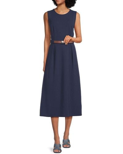 Calvin Klein Solid Belted Midi Dress - Blue